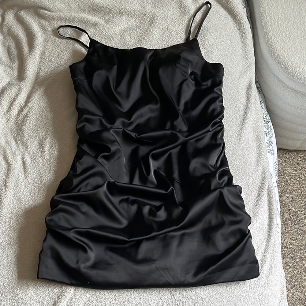 Black Ruched Spaghetti Strap Cocktail Dress
